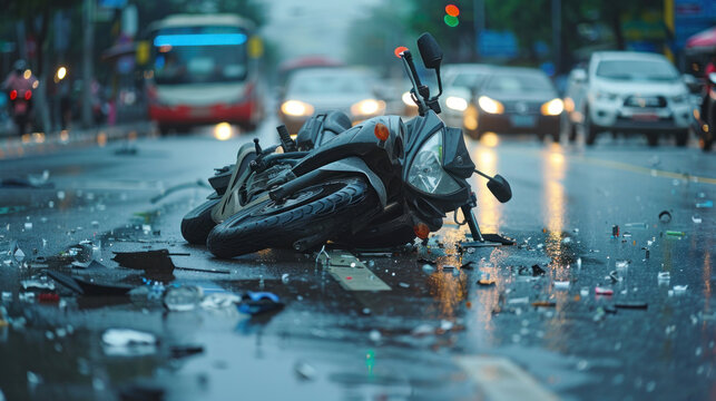 A motorcycle crash unfolds in the midst of heavy traffic.