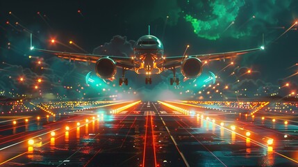 Airplane flying up from runway in a night scene with blazing neon red, teal, and yellow lights in front perspective