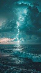 A lightning bolt striking a calm ocean, creating a splash of disruption and chaos