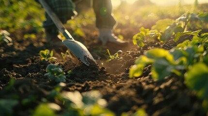 Closeup of Workers Planting Crops in Sunlit Vegetable Field, Digging Soil with Shovels, Ample Copy Space