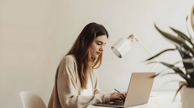 Woman works using laptop computer over white wall. Aesthetic neutral pastel beige color. Minimal work, business, lady boss concept. Social media, website branding template 