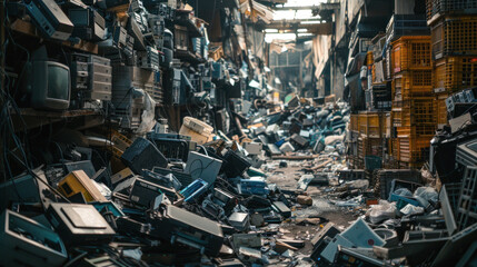 A towering pile of electronic waste stands as a testament to our throwaway culture and the growing problem of e-waste pollution. - Powered by Adobe