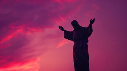 Silhouette of Jesus Christ stands tall, his outstretched arms reaching towards the heavens in a gesture of love and compassion.
