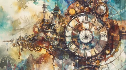 clockwork carnival scene featuring a white clock and a large clock, with a wall in the background