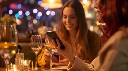 Woman using smartphone while paying restaurant bill with contactless payment during dinner party with friends