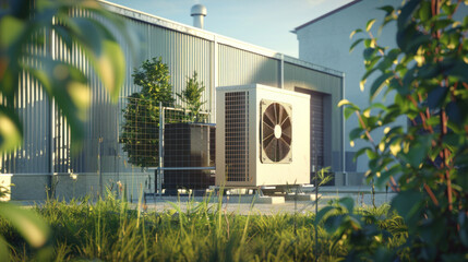 Condenser unit of the HVAC system stands resilient against the elements, In the vicinity of the factory plant.