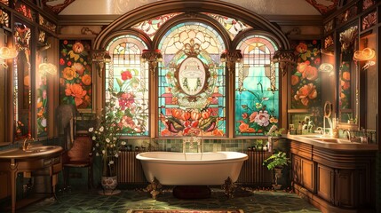 Obraz premium Art Nouveau artistic image of herkullinen ruokaannos ravintolassa, puupöytä, kattaus, tunnelmallinen, trendikäs, kynttilöitä, kukkia