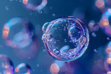 A macro shot of a single, healthy cell floating in a nutrientrich culture medium, with a single air bubble rising to the surface