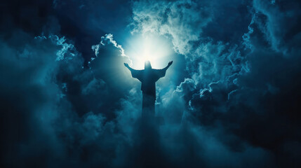 Silhouette of Jesus Christ rises, his arms raised in a gesture of blessing and forgiveness.