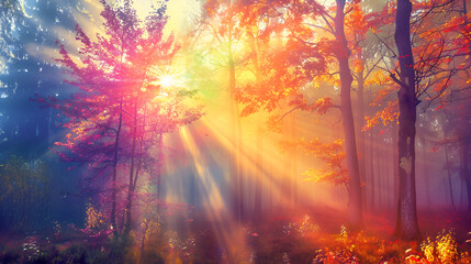 Sunset in the forest with sunbeams in the morning,Autumn forest with sunbeams in the morning, nature background,Autumn forest nature. Vivid morning in colorful forest with sun rays through branches 
