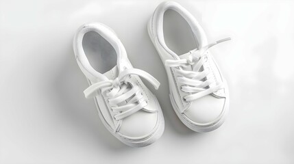 White mini sneaker shoes for baby, child. Flatlay, top view