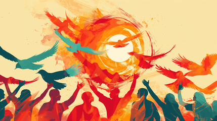 
An inspiring Emancipation Day celebration illustration capturing the spirit of freedom and equality, with images of soaring birds, open doors, and people embracing each other in joyous celebration