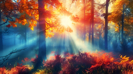 Sunset in the forest with sunbeams in the morning,Autumn forest with sunbeams in the morning, nature background,Autumn forest nature. Vivid morning in colorful forest with sun rays through branches 

