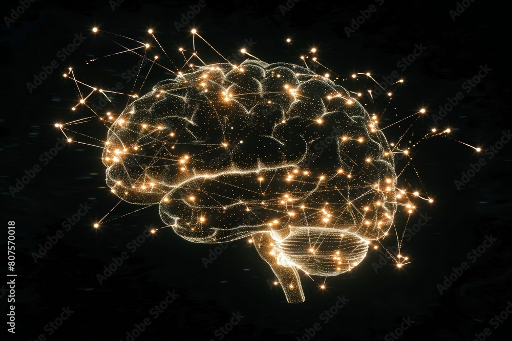 Poster a network of glowing connections forming the shape of a brain, with some dimmed areas, symbolizing t