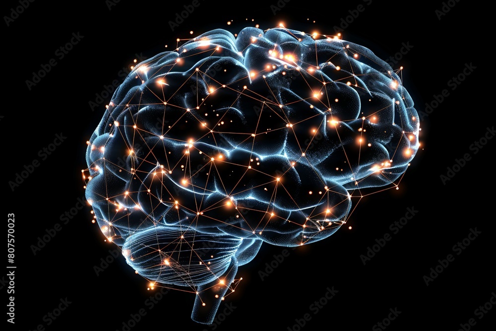 Poster a network of glowing connections forming the shape of a brain, with some dimmed areas, symbolizing t
