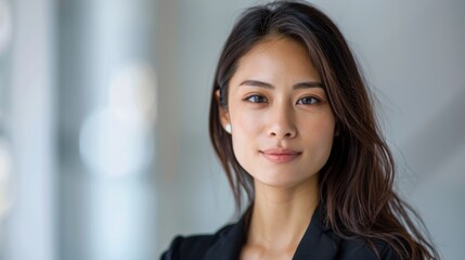 Confident Asian Businesswoman, A real photo capturing a young Asian woman exuding confidence and professionalism against a white backdrop.
