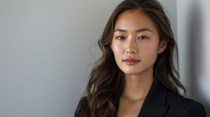 Fototapeta premium Confident Asian Businesswoman, A real photo capturing a young Asian woman exuding confidence and professionalism against a white backdrop.