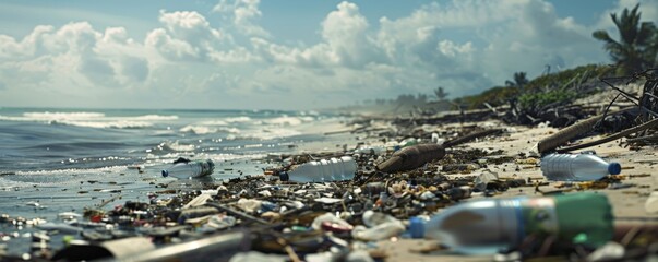 A once pristine beach littered with plastic bottles, fast food containers, and other forms of human waste