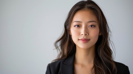 Fototapeta premium Corporate Communication, A real photo of a young Asian woman engaging in professional communication and collaboration against a white background.