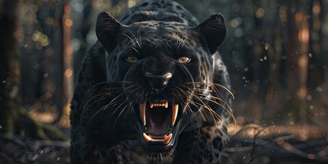 a black panther snarling, showing its teeth and fangs, with an aggressive expression in the jungle,...