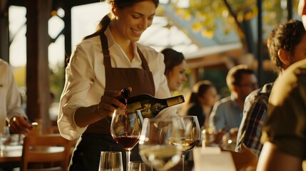Waitress pouring wine into glasses while serving group of friends in restaurant - Powered by Adobe