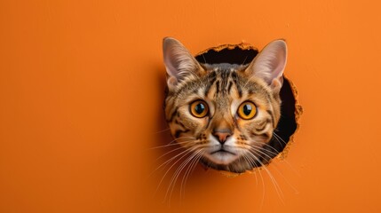A cat peeks out of a hole in an orange wall. The cat has brown fur with black stripes and green eyes.