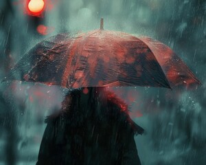 A person sheltering under a sturdy umbrella during a downpour, staying dry and safe