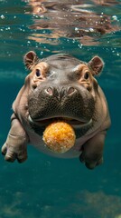 A cute baby hippopotamus is swimming underwater with a ball in it's mouth.