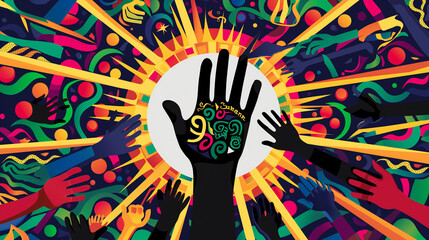 
A vibrant Juneteenth design illustration showcasing an explosion of colorful hands reaching upwards in jubilation, against a backdrop of swirling patterns