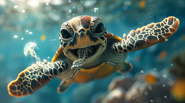 A cute baby sea turtle is swimming in the ocean. The turtle is smiling and looks happy.