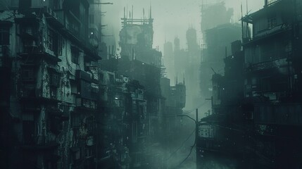 Close up photo of gloomy desolate dystopian cyberpunk city background