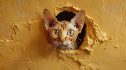 A ginger cat peeks out of a hole in the wall. - obrazy, fototapety, plakaty