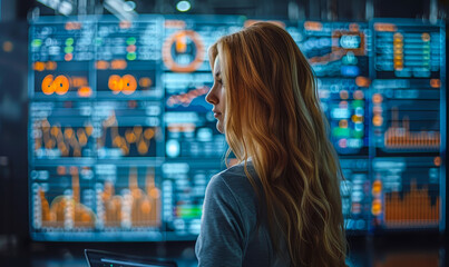 Business Woman Analyzing Financial Data Visualization on Virtual Screen: Corporate Data Science, Big Data Analytics for Strategy Development