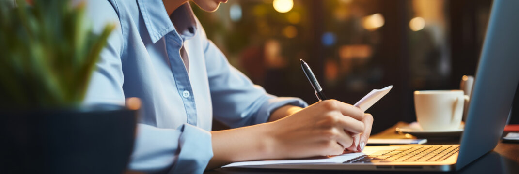 Middle-aged businesswoman, online study taking notes on laptop at cafe - woman planning work projects, e-learning concept