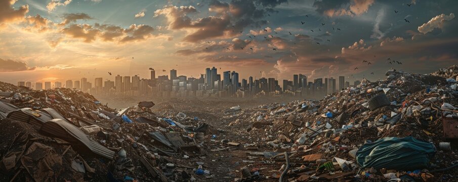 A photorealistic image of a city skyline choked by overflowing landfills, with mountains of trash reaching towards the polluted sky