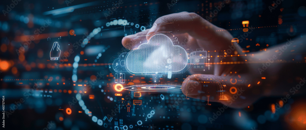 Poster futuristic data engineer programming global internet cloud network for cybersecurity