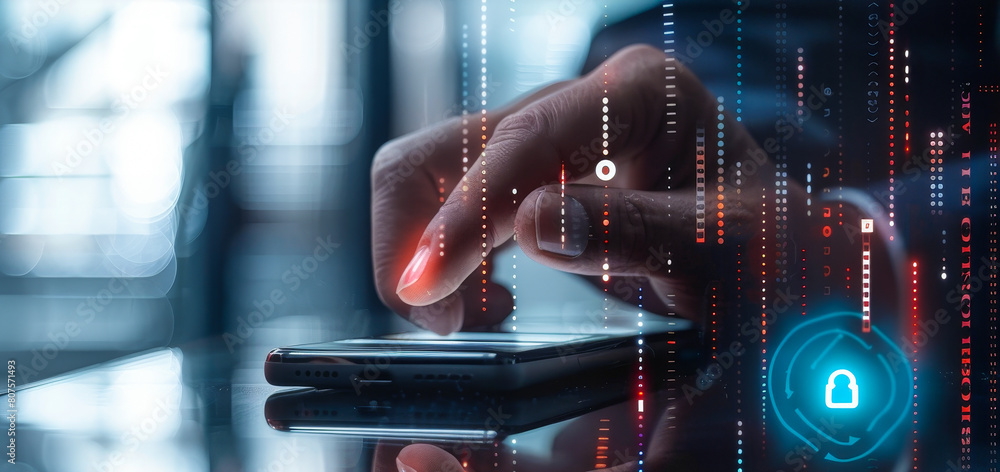 Poster businessman using biometrics security fingerprint face id to access mobile banking app for cyber dat