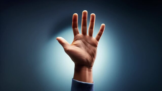 A hand is outstretched against a dark background with the palm open, conveying a sense of reaching, offering, or greeting. The image is simple yet evokes a variety of interpretations.
