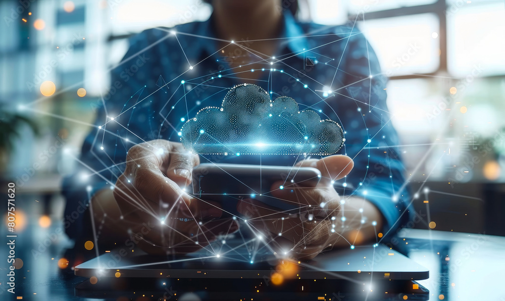 Poster software engineer using smartphone and laptop with global network connection - digital technology, c