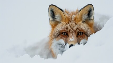 A red fox peeks out from the snow.