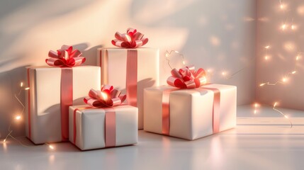Depict a 3D arrangement of sleek, modern gift vouchers, highlighted by ambient lighting on a simple cream background.