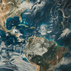 A satellite image of Earth, with swirling clouds of pollution obscuring entire continents