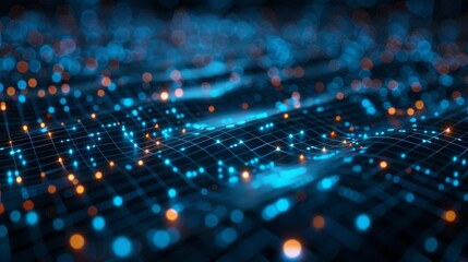 Obraz premium Blue and orange glowing dots form a digital landscape.