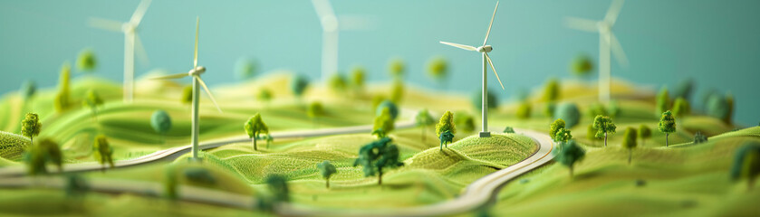 Thematic model of a miniature wind park, intricately detailed with small turbines dotting a green landscape, educational piece