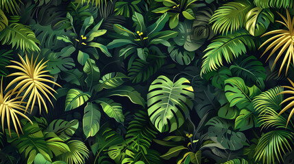 Vibrant forest scene of tropical trees, dense lush foliage pattern. Forest scene for eco-friendly background and sustainable net-zero emissions. Sustainable tropical forest and carbon neutrality.