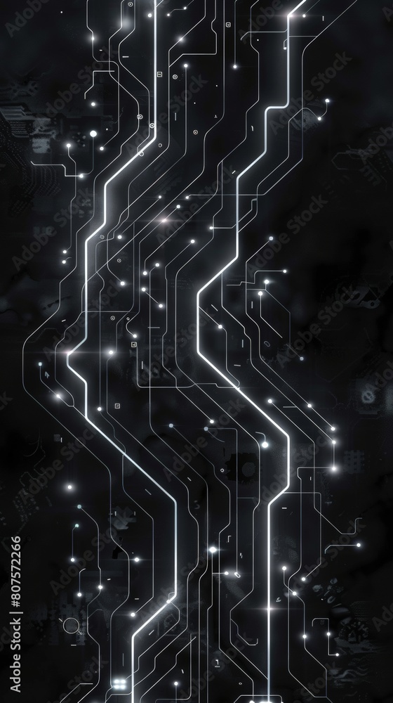 Poster a single, glowing line forming a circuit board pattern on a matte black background