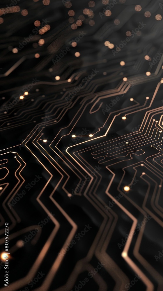Poster a single, glowing line forming a circuit board pattern on a matte black background