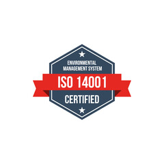 ISO 14001 environmental management systems certified vector label, standard certificate badge, audit verification icon