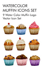 Watercolor muffin logo vector icon set 