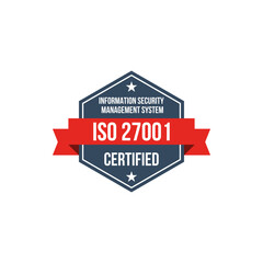 iso 27001 information security management system certified vector label, standard certificate badge, audit verification icon